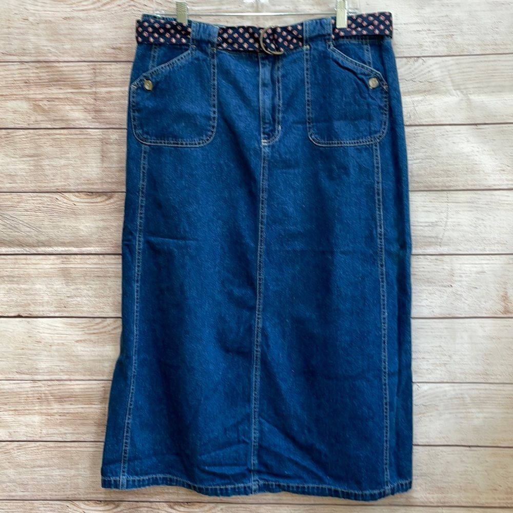 White Stag Dark Blue Denim Maxi Skirt with Patterned Belt